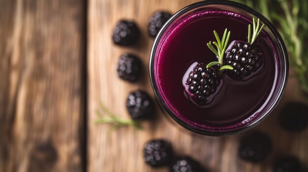 A refreshing blackberry drink garnished with rosemary on a wooden surface