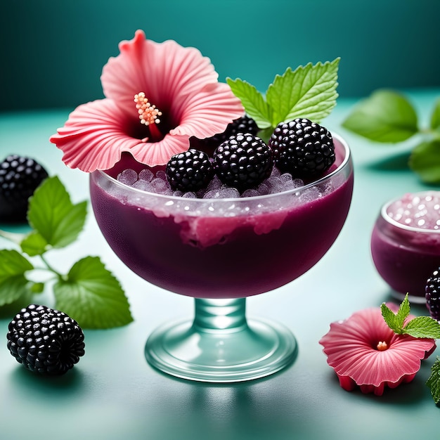 a refreshing blackberry and hibiscus sorbet garnished with delicate mint crystal Ai generative