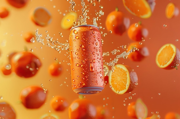 Refreshing Blank Orange Soda Can with Droplets Among Fresh Oranges Produkt Mockup Advertising