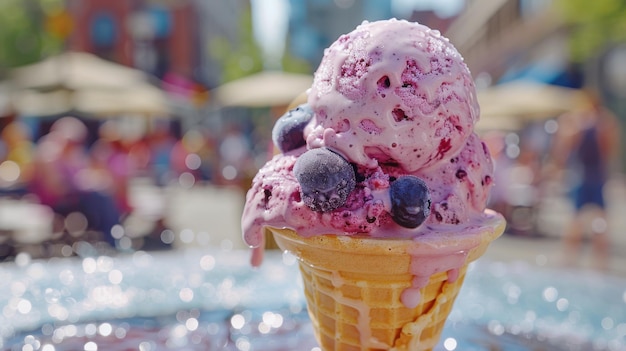 Refreshing Blueberry Ice Cream Cone Melting in Summer Sun with City Park View