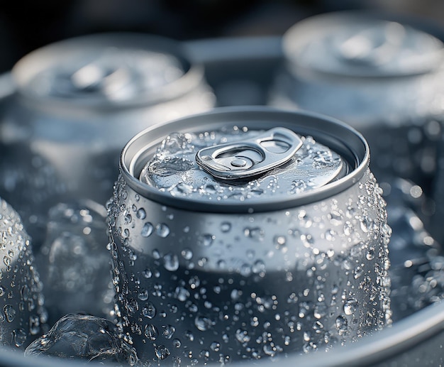 Photo refreshing cans of beverage resting on ice in a cooler outdoors