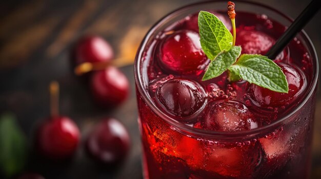 A refreshing cherry drink garnished with mint served with ice in a glass