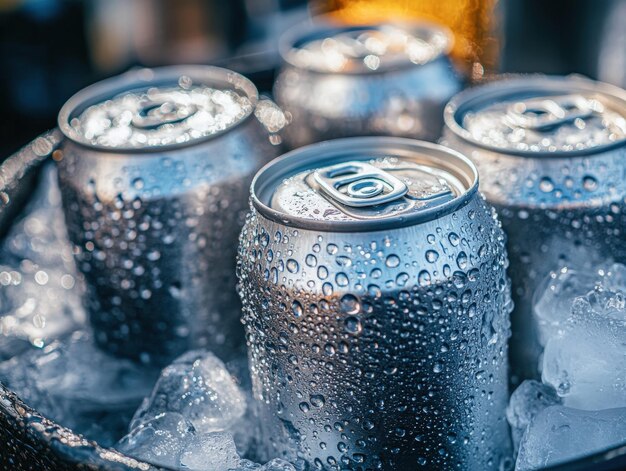 Photo refreshing chilled beverage cans in icy bucket on a sunny day