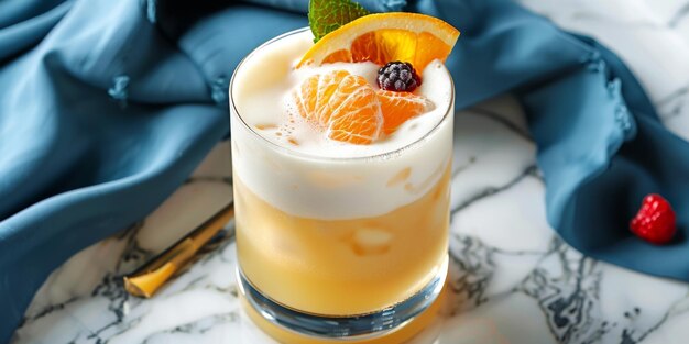 Refreshing Citrus Cocktail with Creamy Foam and Fresh Fruit Garnish on Elegant Marble Table