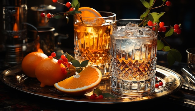 Refreshing citrus cocktail on a wooden table at a summer party generated by artificial intelligence