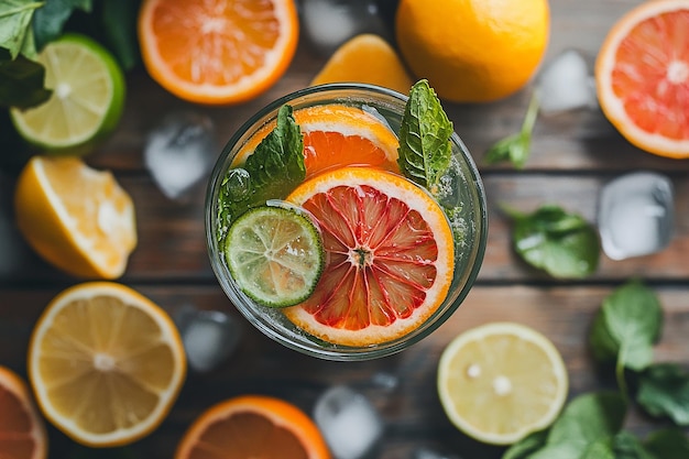 Photo refreshing citrus cocktail on wooden table summer vibes