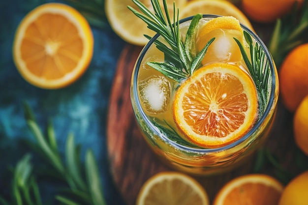 Photo refreshing citrus cocktail on wooden table summer vibes