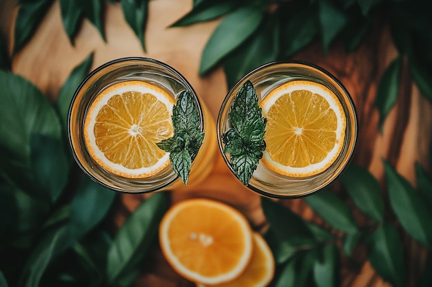 Photo refreshing citrus cocktail on wooden table summer vibes