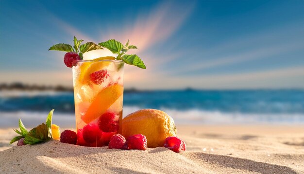 a refreshing citrus drink with raspberries on a sandy beach