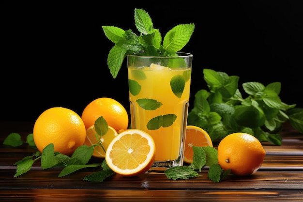 Refreshing citrus juice on wooden background AI Generated