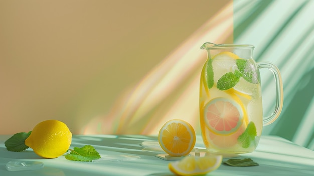 Photo refreshing citrus lemonade in a glass pitcher with fresh mint and lemons