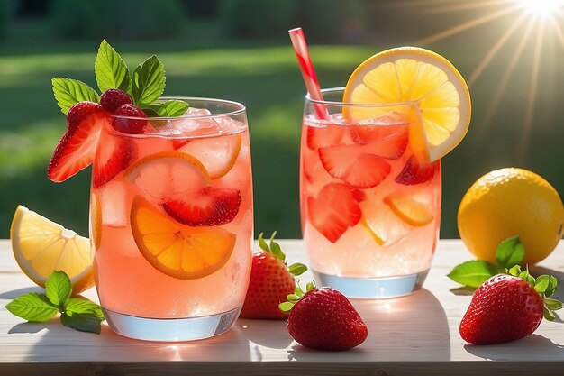 Refreshing Citrus and Strawberry Drink in Sunlight