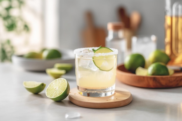 Refreshing classic Margarita cocktail with lime and mint on white table in white kitchen Closeup photo with space for text