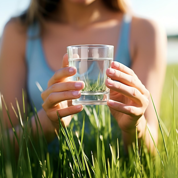 Refreshing and Clear Water in a Glass held by a Caucasian Woman