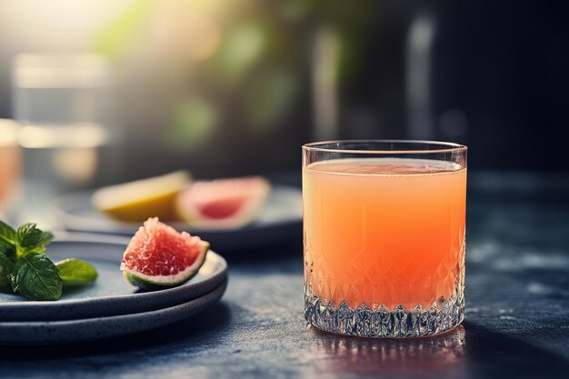 A refreshing cocktail garnished with fruit on a stylish table