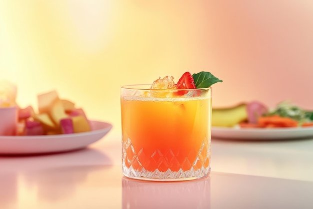 A refreshing cocktail garnished with fruit surrounded by plates of colorful snacks