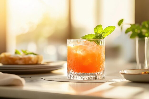 A refreshing cocktail garnished with mint set in a cozy sunlit dining environment