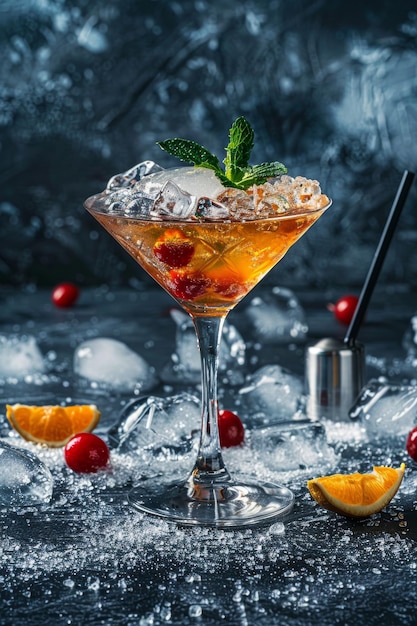 Refreshing Cocktail With Ice and Cherries