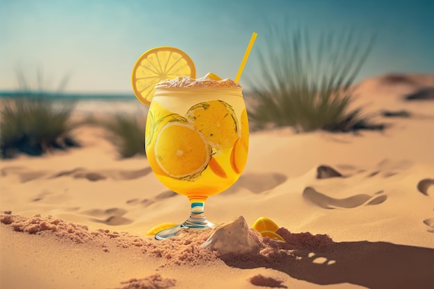 Refreshing cocktail with lemon slice on the sand at the beach Generative AI illustration