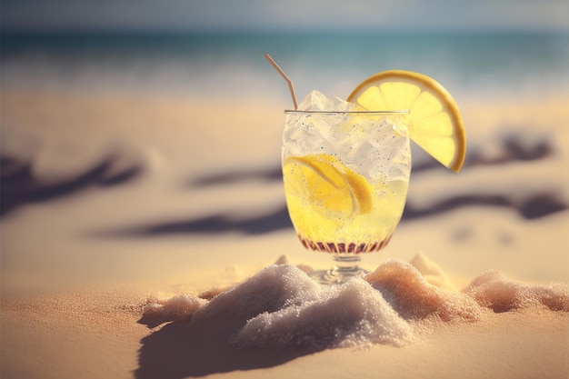 Refreshing cocktail with lemon slice on the sand at the beach Generative AI illustration