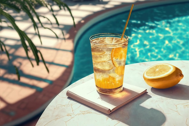 Refreshing cocktail with lemon slice on table near swimming pool Generative AI illustration