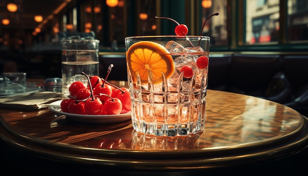 Refreshing cocktail on a wooden table at a lively bar generated by artificial intelligence