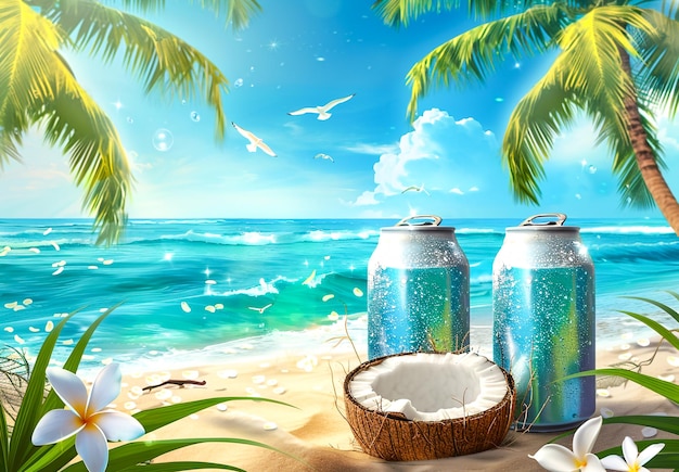 Photo refreshing coconut drink on tropical beach with blue ocean waves and swaying palm leaves