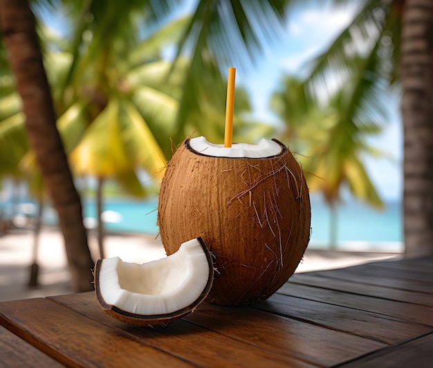 Refreshing coconut juice placed on a wooden table Generative AI