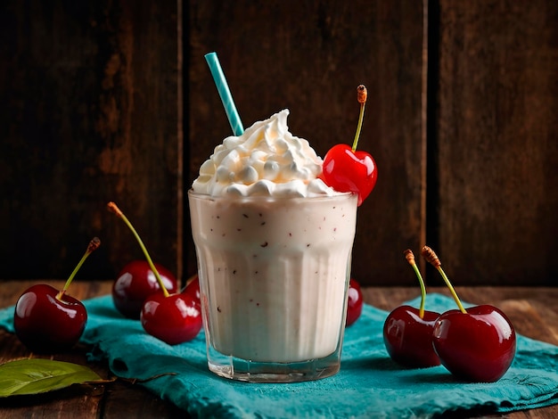 A refreshing coconut milkshake topped with whipped cream and a cherry