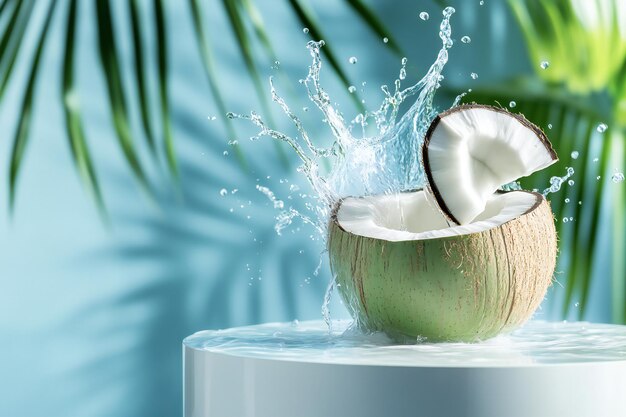 Photo refreshing coconut water splash with tropical leaves and exotic fruit imagery in a vibrant