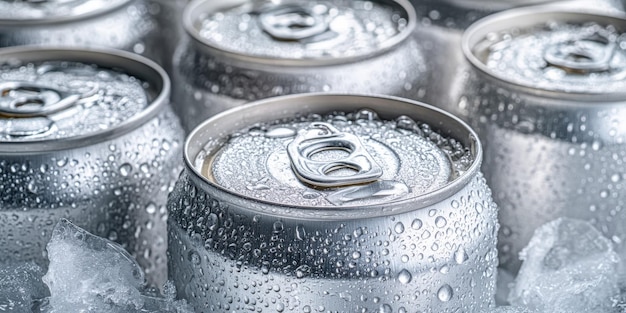 Refreshing cold beverage cans surrounded by ice in a bright setting