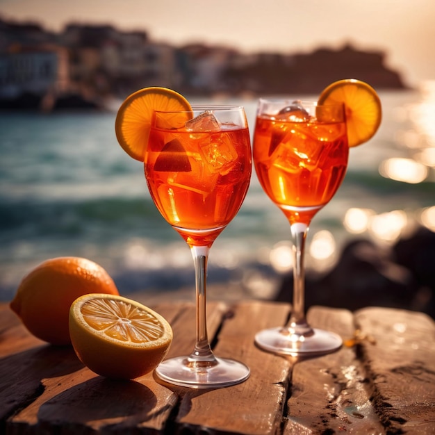 Photo refreshing cold tropical cocktail alcohol drink on summer beach next to ocean