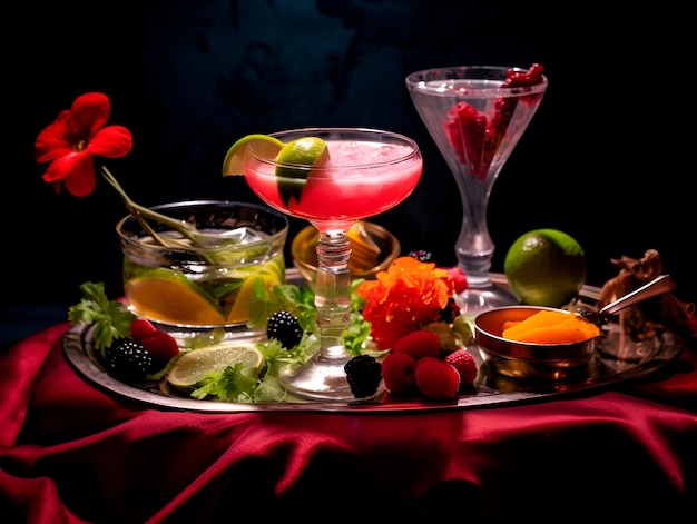 Refreshing colorful cocktails decorated with fruits and berries