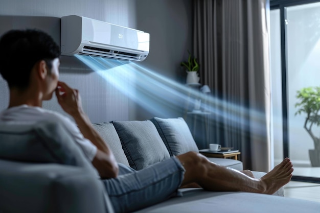 Refreshing comfort air conditioner with ioniser and water vapour highlighting the concept of cooling effectiveness and clean air surviving the summer heat and ensuring wellbeing in warm climates