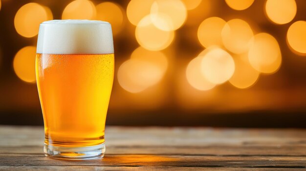 Refreshing craft beer with frothy head against a blurred golden bokeh background