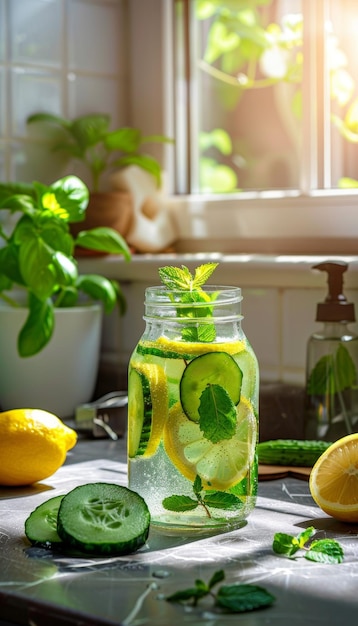 Refreshing Cucumber Detox Drink with Mint and Lemon in Bright Kitchen Setting