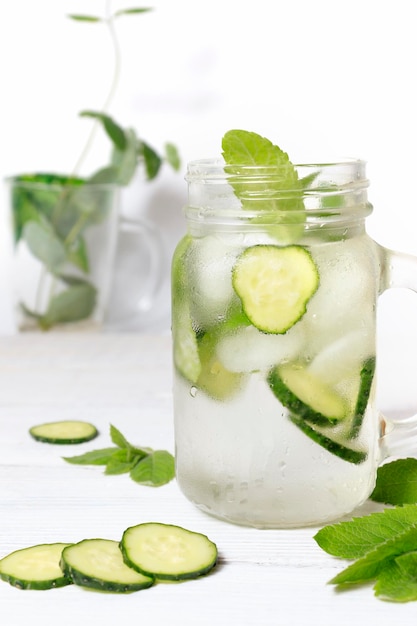 Refreshing detox cucumber mint water Homemade natural lemonade for a healthy diet and weight loss