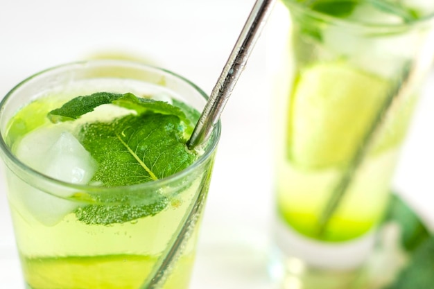 refreshing detox drink with mint ginger and lemon Cold mojito cocktail A mint soft drink is health