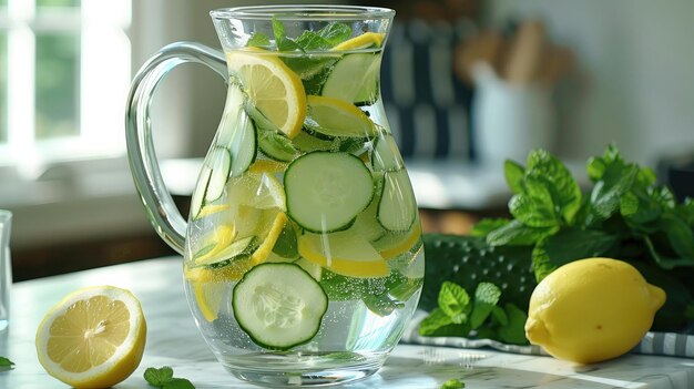 Photo a refreshing detox water infused with cucumber lemon and mint served in a clear glass pitcher