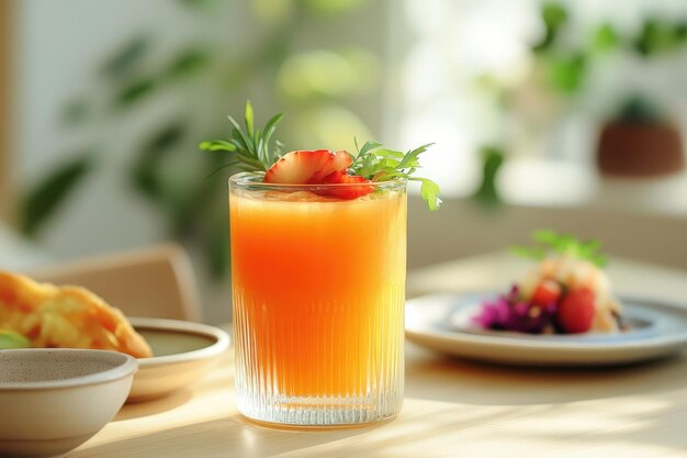 A refreshing drink garnished with fruit and herbs set in a bright inviting environment