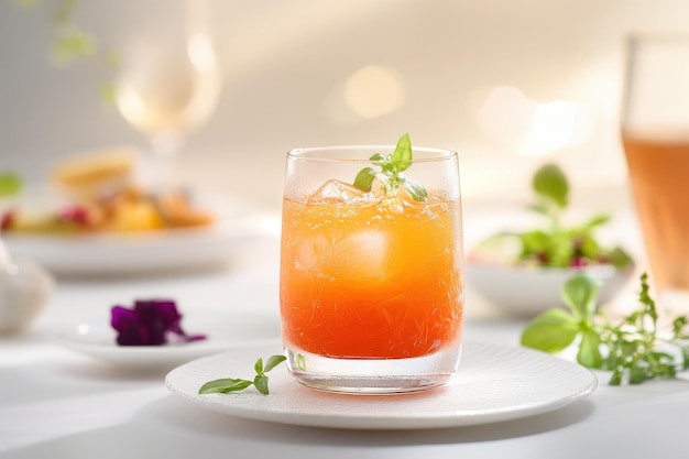 A refreshing drink garnished with herbs surrounded by elegant dining elements