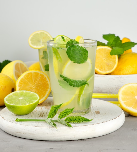 Refreshing drink lemonade with lemons, mint leaves, lime in a glass