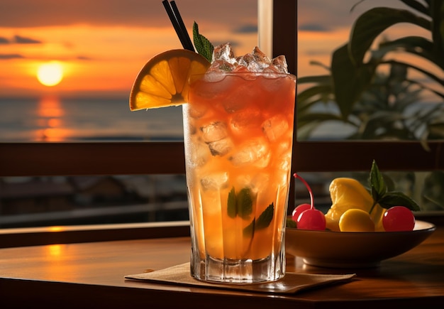 A refreshing drink showing off its vibrant colors inviting layering and the enchanting backlight