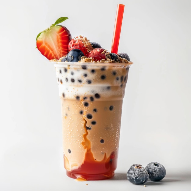 A refreshing drink topped with ripe strawberries and blueberries