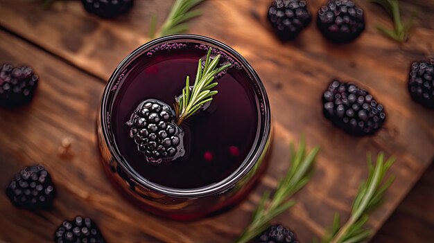 Photo a refreshing drink with blackberries and rosemary on a wooden surface