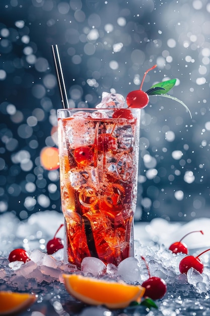 Refreshing Drink With Ice and Cherries