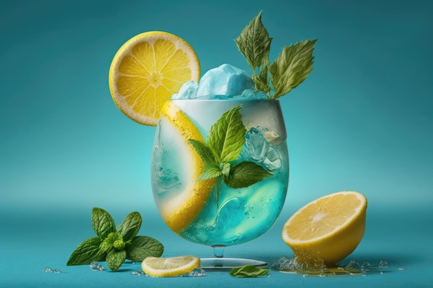 Refreshing drink with ice and lemon slices in a glass Generative AI