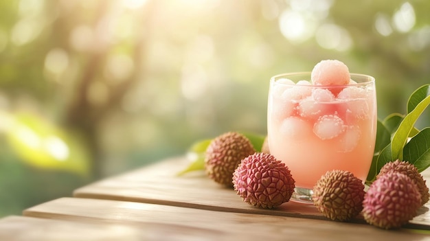 Photo a refreshing drink with lychee fruit set in a natural sunlit environment