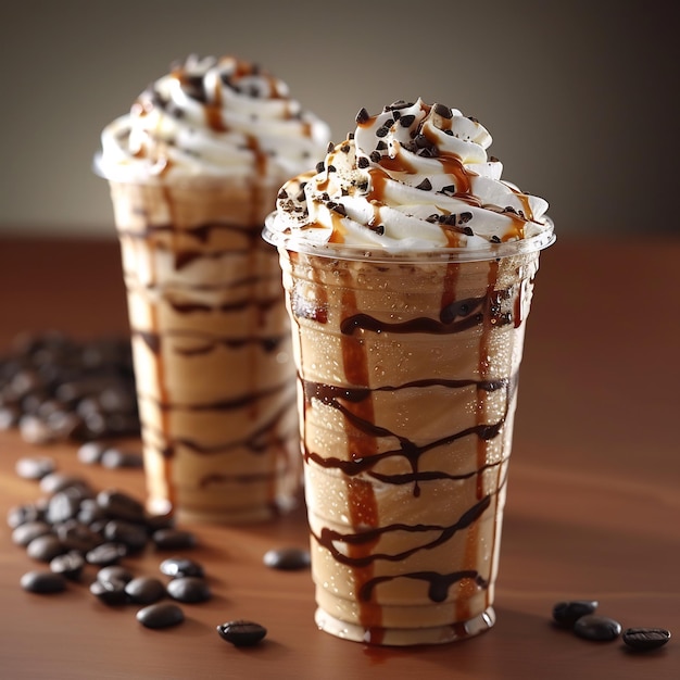 Refreshing frappuccino coffee topped with whipped cream and chocolate syrup in a tall plastic cup