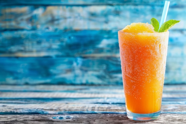 Refreshing frozen orange slushie on rustic blue background